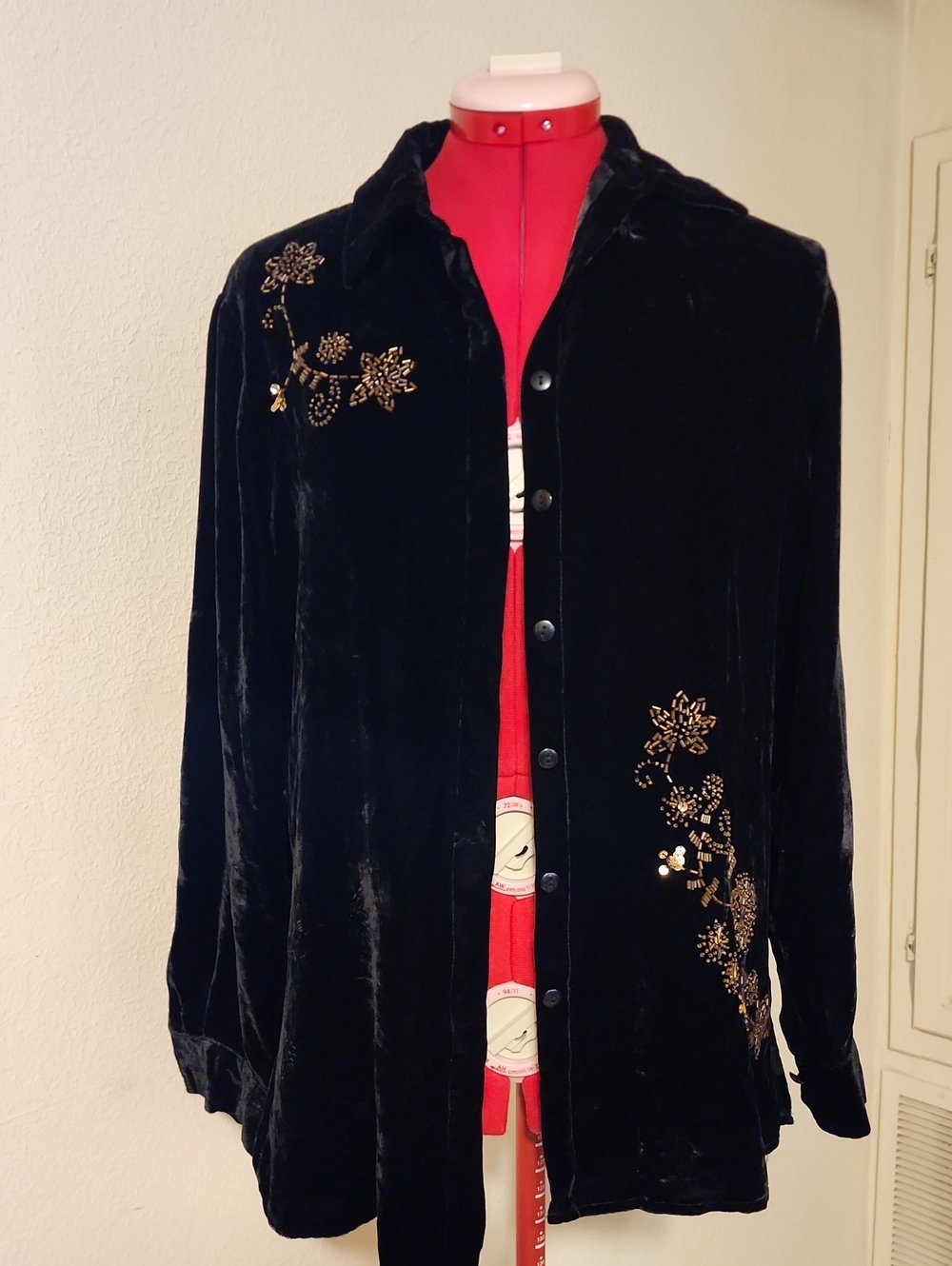 VTG Carole Little Black Velvet Beaded Button Down Shirt Jacket Small Whimsygoth